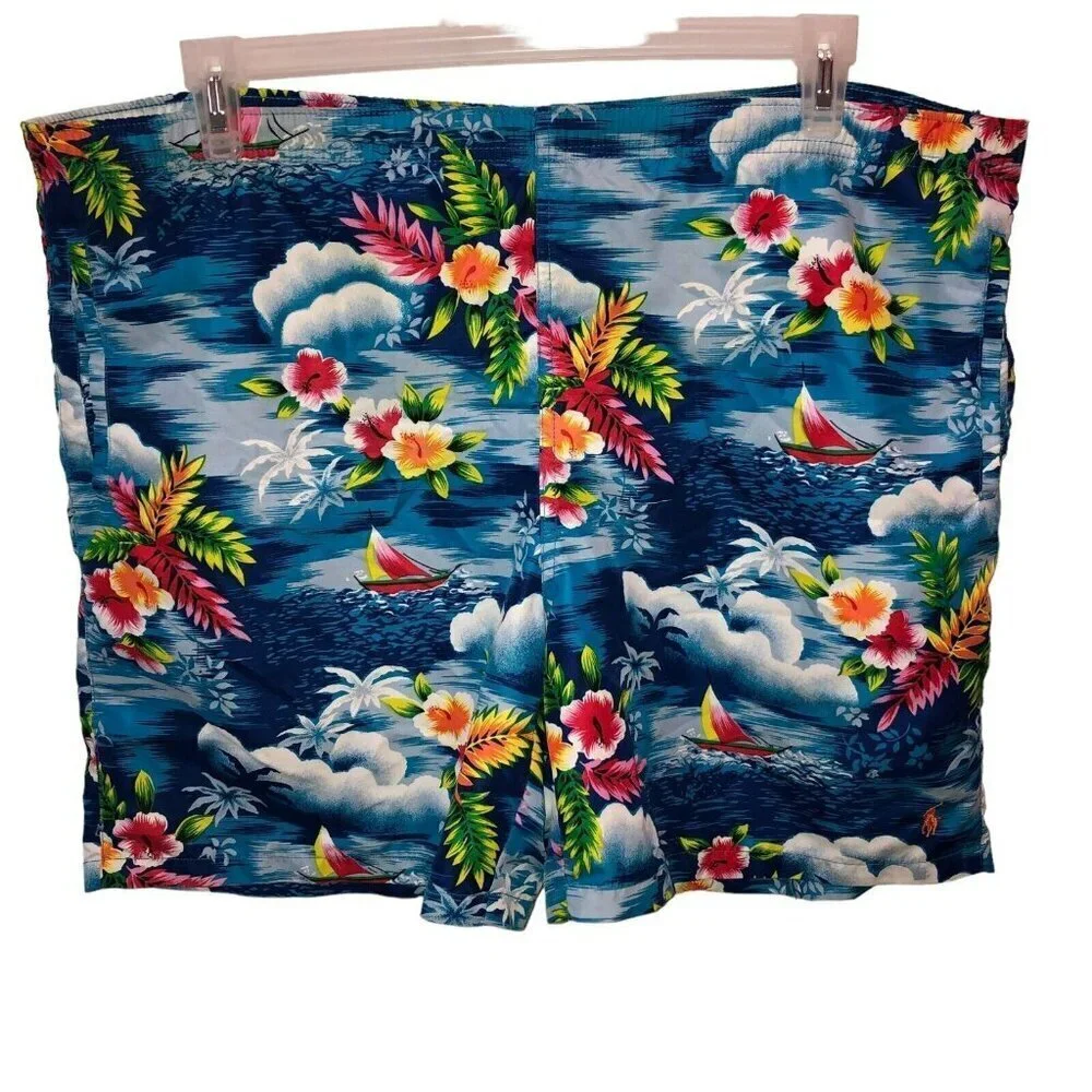 VTG Polo Sport Ralph Lauren Mens Large Blue Hawaiian Floral Shorts Swim Trunks L